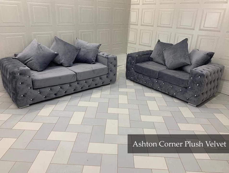 Ashton Chelsea Sofas 3+2 Seater Set Grey Plush Velvet