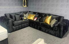 New Penal Lilly Black Plush Velvet Large Seater Corner L-Shape Comfy Sofa