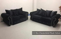 Rio Tuxedo Chesterfield Plush Velvet 3+2 Seater Black Sofa