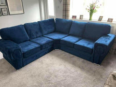 Vegas Chesterfield Fullback Blue Plush Velvet 5 Seater Corner Sofa Clearance