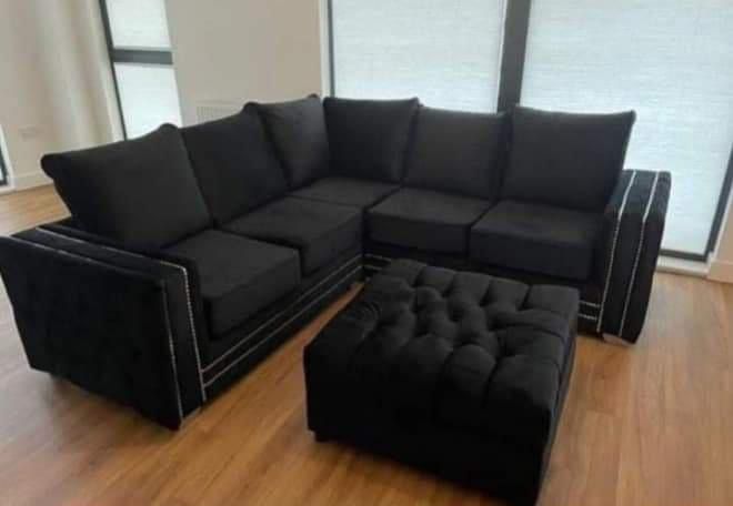 Alaska Plush Velvet Black 5 Seater Fullback Double Corner Sofa